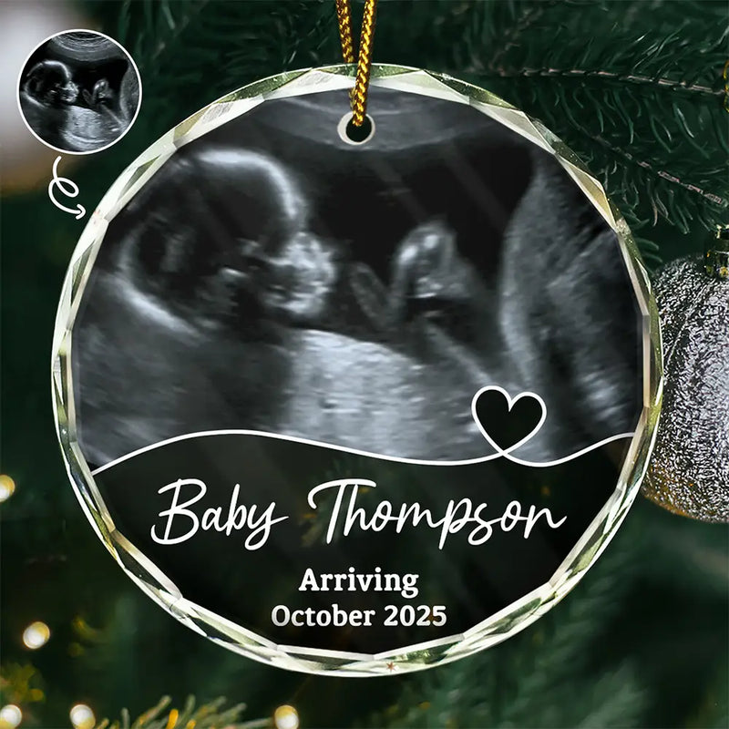 Christmas, Happy, New baby, New Dad, New Mom, Pregnant Mom - Custom Photo Arriving Baby First Christmas Ultrasound - Personalized Circle Glass Ornament