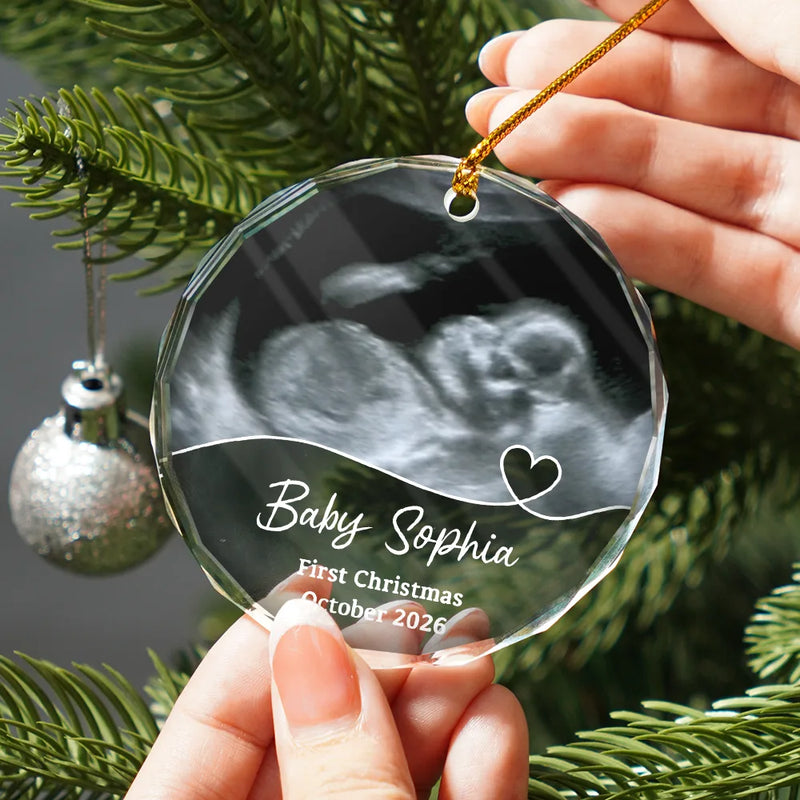 Décoration de Noël personnalisée avec photo de bébé arrivant à l'échographie - Décoration en verre ronde personnalisée 