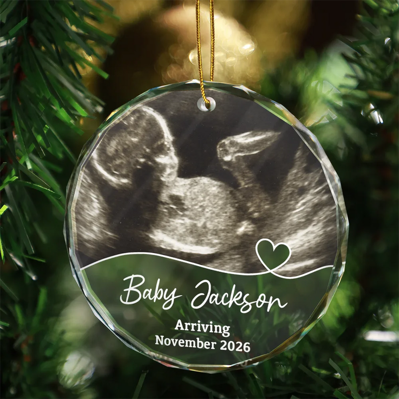 Décoration de Noël personnalisée avec photo de bébé arrivant à l'échographie - Décoration en verre ronde personnalisée 