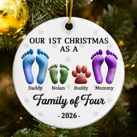 First Christmas As A Family Of Four Footprints 3D Effect - Personalized Circle Ceramic Ornament