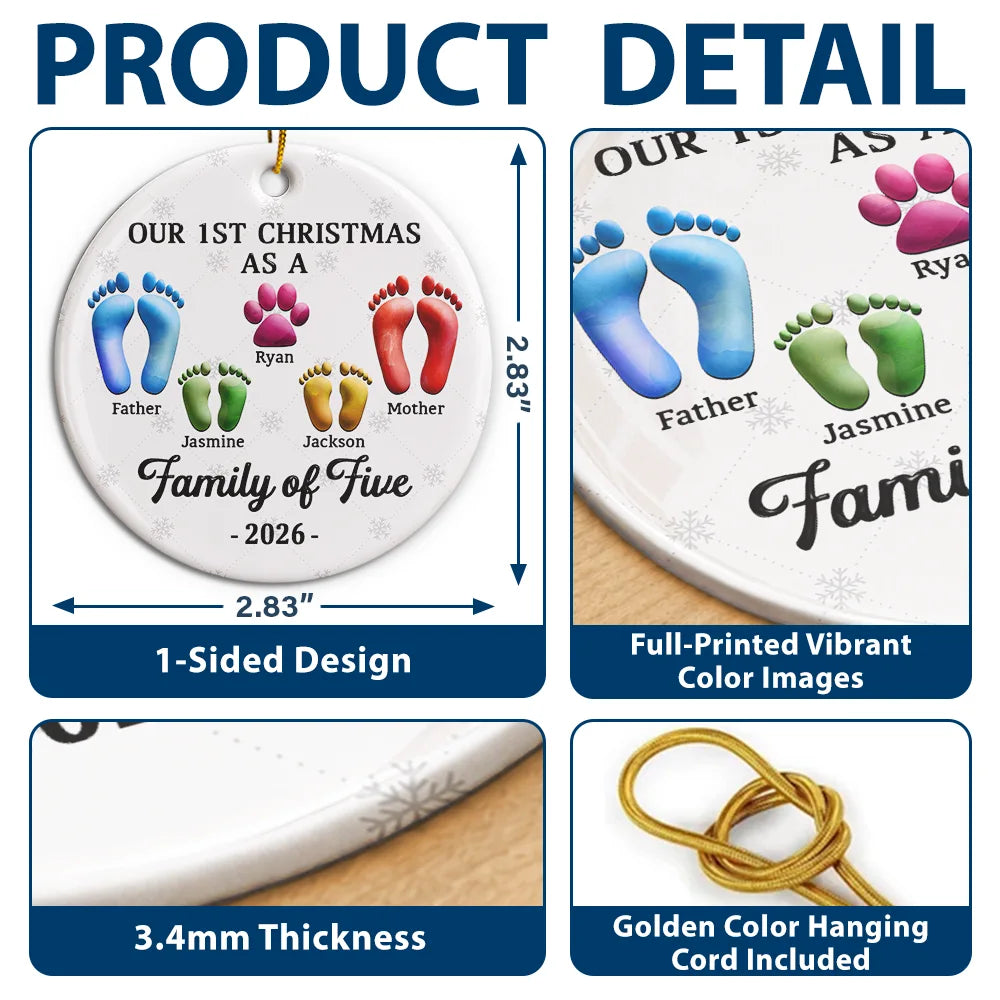 Christmas,Family,Dog Lovers,Cat Lovers,Pet Lovers,Parents,Happy - First Christmas As A Family Of Four Footprints 3D Effect - Personalized Circle Ceramic Ornament