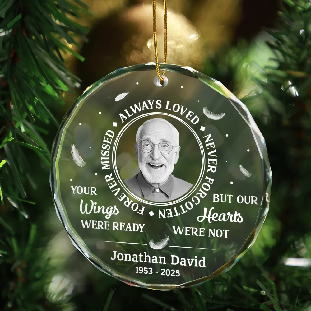Christmas,Custom Photo,Family,Sad - Custom Photo Grayscale Memorial Always Loved Never Forgotten - Personalized Circle Glass Ornament