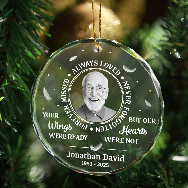 Christmas,Custom Photo,Family,Sad - Custom Photo Grayscale Memorial Always Loved Never Forgotten - Personalized Circle Glass Ornament