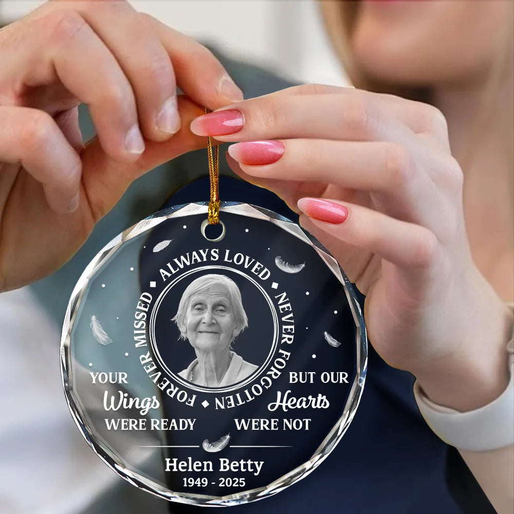 Christmas,Custom Photo,Family,Sad - Custom Photo Grayscale Memorial Always Loved Never Forgotten - Personalized Circle Glass Ornament