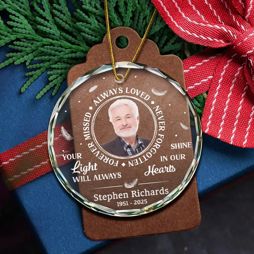 Christmas,Custom Photo,Family,Sad - Custom Photo Grayscale Memorial Always Loved Never Forgotten - Personalized Circle Glass Ornament