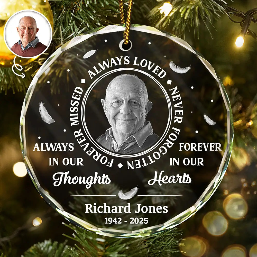 Christmas,Custom Photo,Family,Sad - Custom Photo Grayscale Memorial Always Loved Never Forgotten - Personalized Circle Glass Ornament