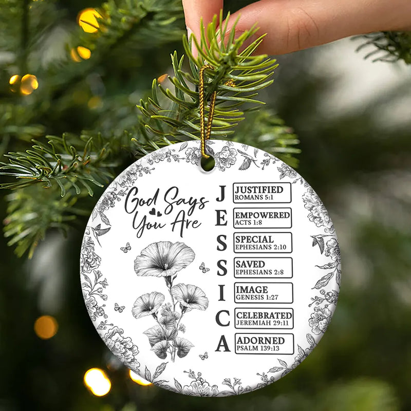 Gift For Yourself,Gift For Women,Happy,Christmas,Christian - God Says I Am Name Letter In Bible Toile De Jouy Flower - Personalized Circle Ceramic Ornament