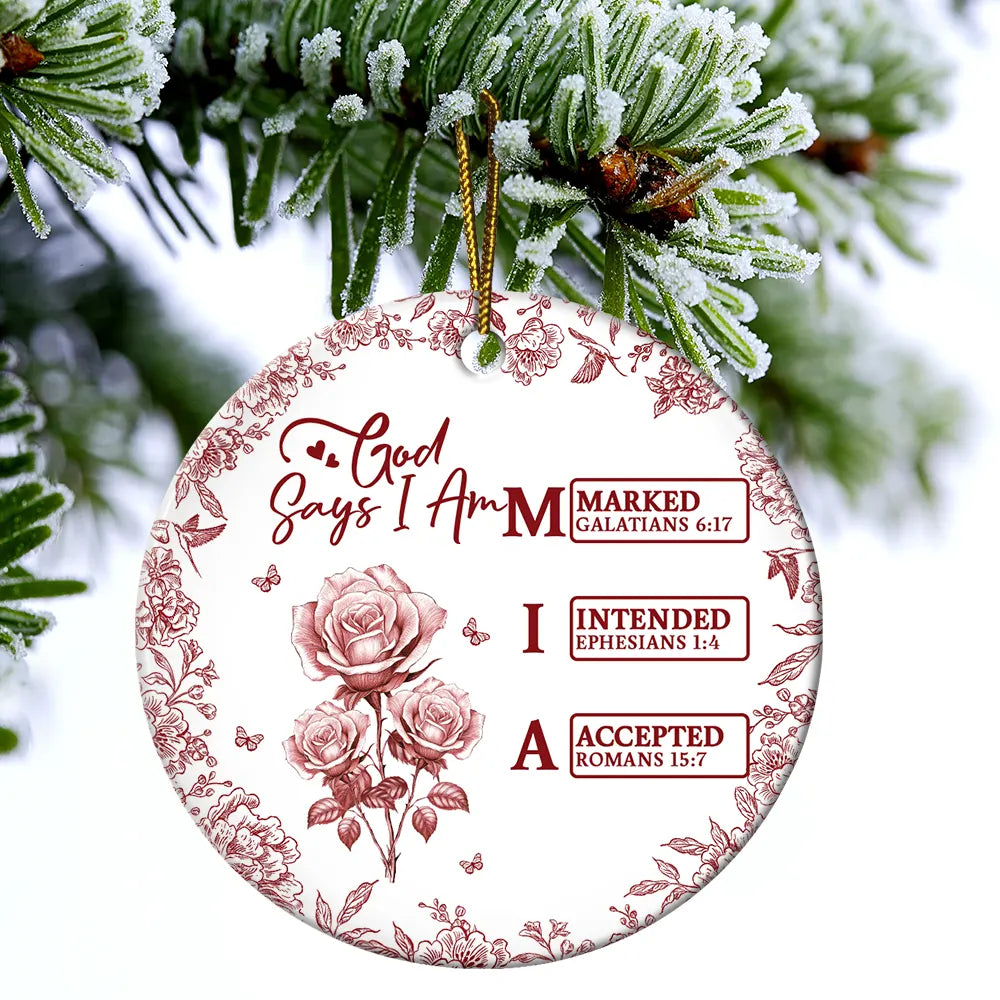 Gift For Yourself,Gift For Women,Happy,Christmas,Christian - God Says I Am Name Letter In Bible Toile De Jouy Flower - Personalized Circle Ceramic Ornament