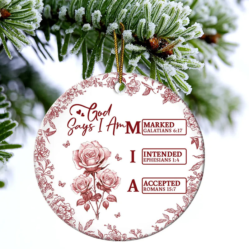 Gift For Yourself,Gift For Women,Happy,Christmas,Christian - God Says I Am Name Letter In Bible Toile De Jouy Flower - Personalized Circle Ceramic Ornament