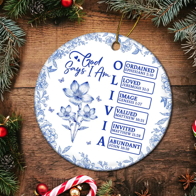Gift For Yourself,Gift For Women,Happy,Christmas,Christian - God Says I Am Name Letter In Bible Toile De Jouy Flower - Personalized Circle Ceramic Ornament