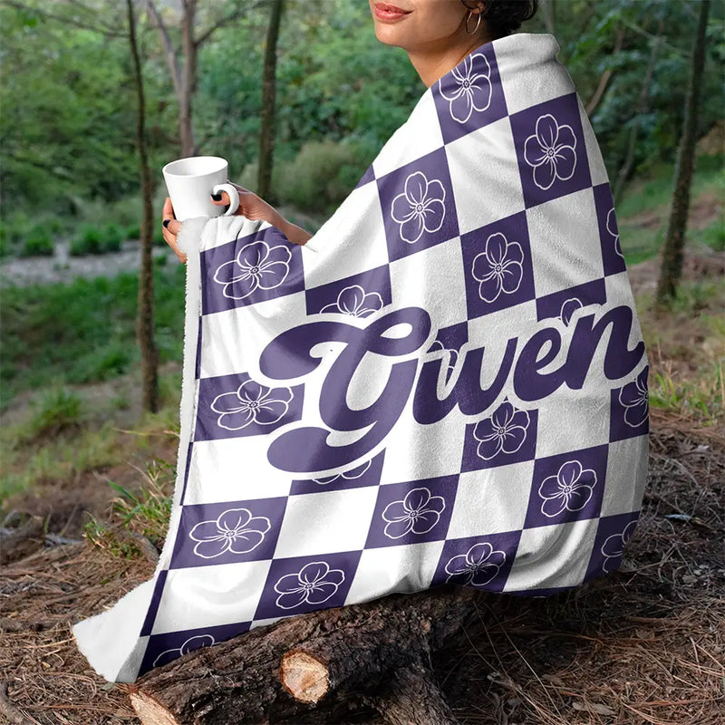 Gift For Yourself,Gift For Women,Gift For Men,Happy - Birth Month Flower Checkered Pattern - Personalized Fleece Blanket, Sherpa Blanket