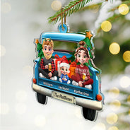 Christmas,Family,Happy - Family In Red Truck Couple With Kids & Pets - Personalized Custom Shaped Acrylic Ornament