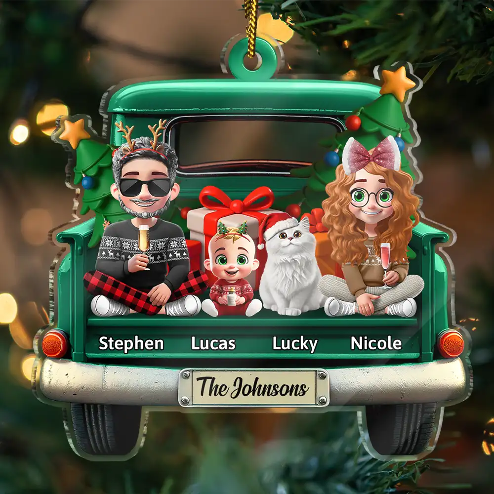 Christmas,Family,Happy - Family In Red Truck Couple With Kids & Pets - Personalized Custom Shaped Acrylic Ornament
