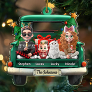 Christmas,Family,Happy - Family In Red Truck Couple With Kids & Pets - Personalized Custom Shaped Acrylic Ornament