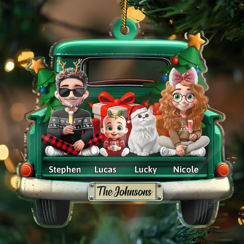 Christmas,Family,Happy - Family In Red Truck Couple With Kids & Pets - Personalized Custom Shaped Acrylic Ornament