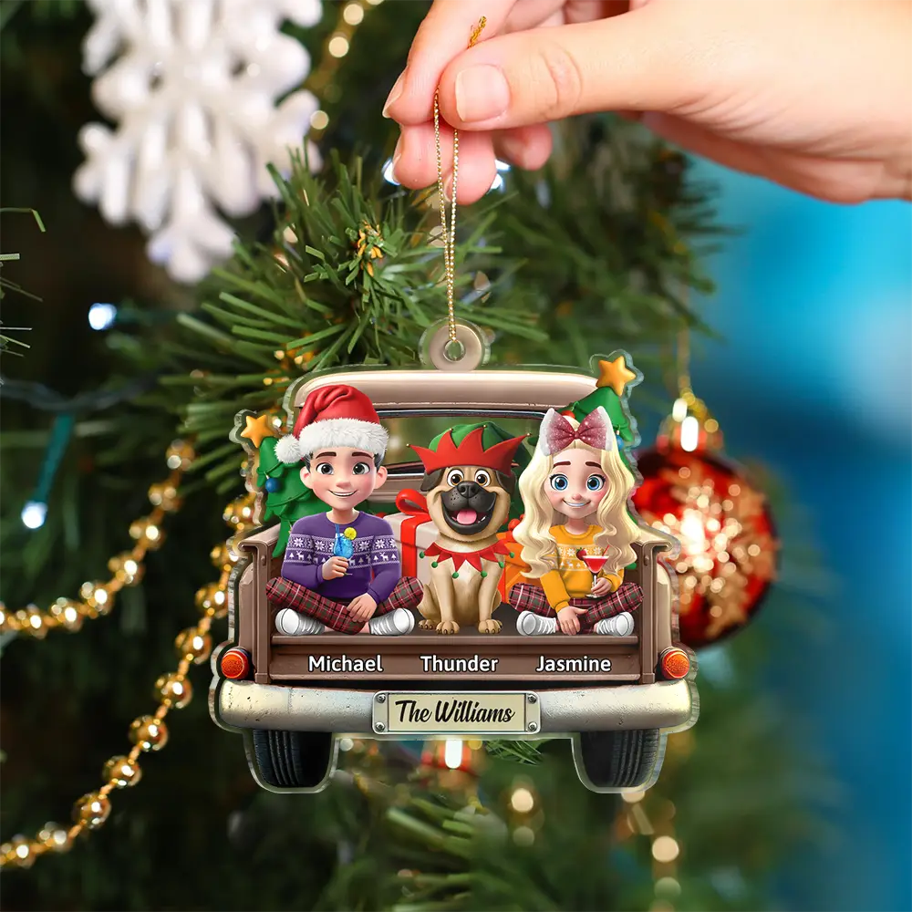 Christmas,Family,Happy - Family In Red Truck Couple With Kids & Pets - Personalized Custom Shaped Acrylic Ornament