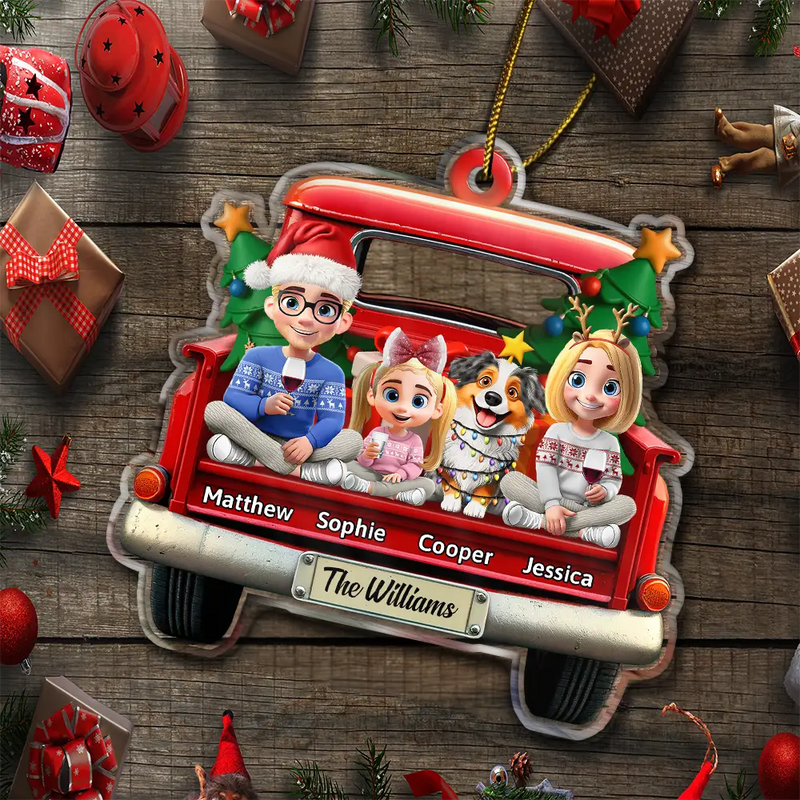Christmas,Family,Happy - Family In Red Truck Couple With Kids & Pets - Personalized Custom Shaped Acrylic Ornament