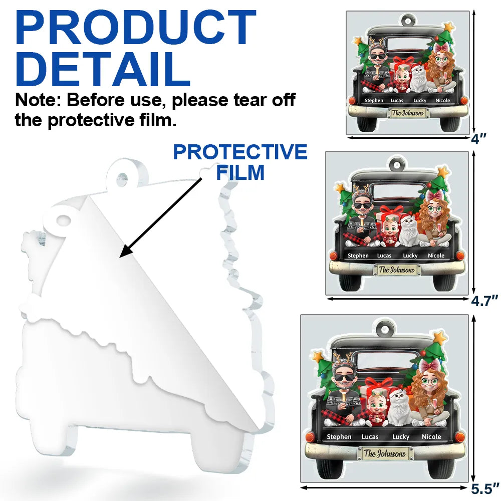 Christmas,Family,Happy - Family In Red Truck Couple With Kids & Pets - Personalized Custom Shaped Acrylic Ornament