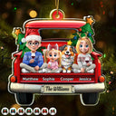 Christmas,Family,Happy - Family In Red Truck Couple With Kids & Pets - Personalized Custom Shaped Acrylic Ornament
