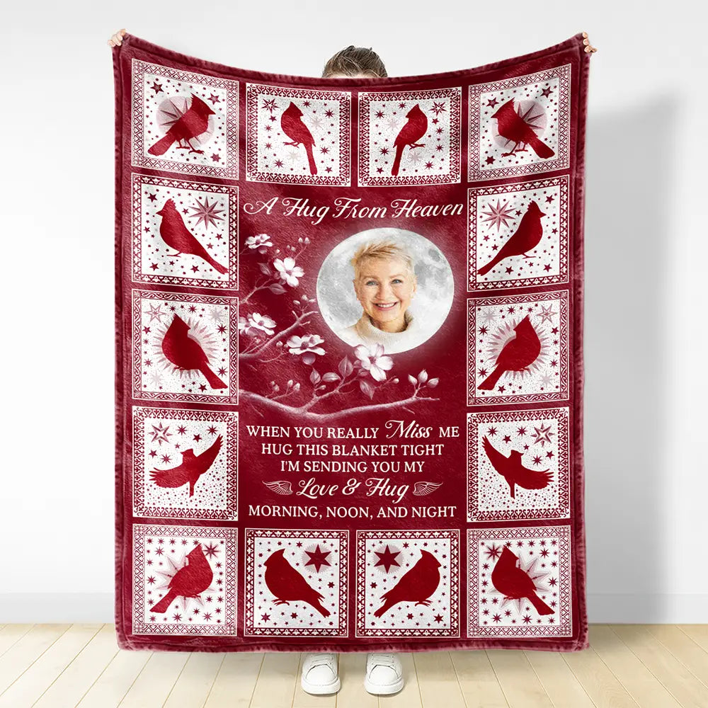 Gift For Yourself,Memorial,Sad,Family - Custom Photo Cardinal Bird A Hug From Heaven - Personalized Fleece Blanket, Sherpa Blanket