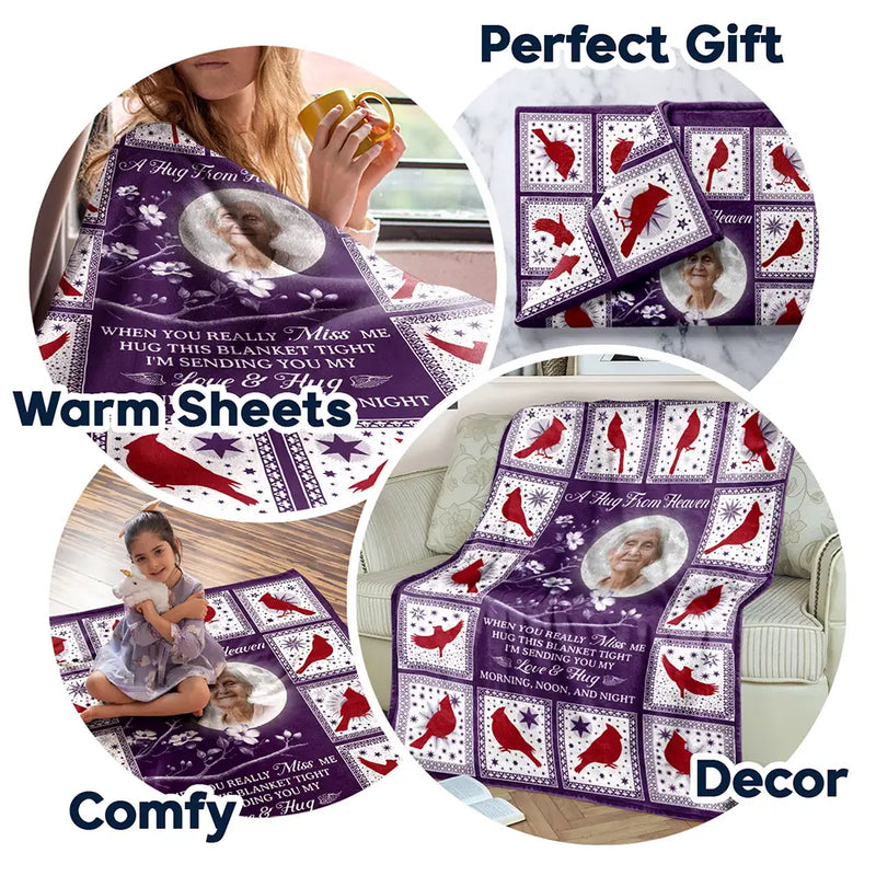 Gift For Yourself,Memorial,Sad,Family - Custom Photo Cardinal Bird A Hug From Heaven - Personalized Fleece Blanket, Sherpa Blanket