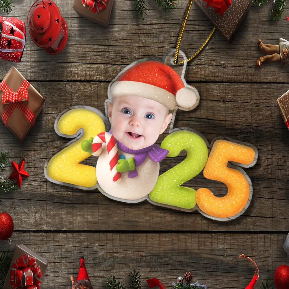 New baby,New Mom,New Dad,Funny,Parents,Gift For Kids,Gift For Grandkids,Cousin - Custom Photo Sweet Candy Snowman Funny Baby First Christmas - Personalized Custom Shaped Acrylic Ornament