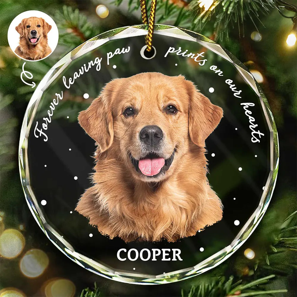 Custom Photo B&W Pet Loss Pet Memorial Forever Leaving Pawprints - Personalized Circle Glass Ornament