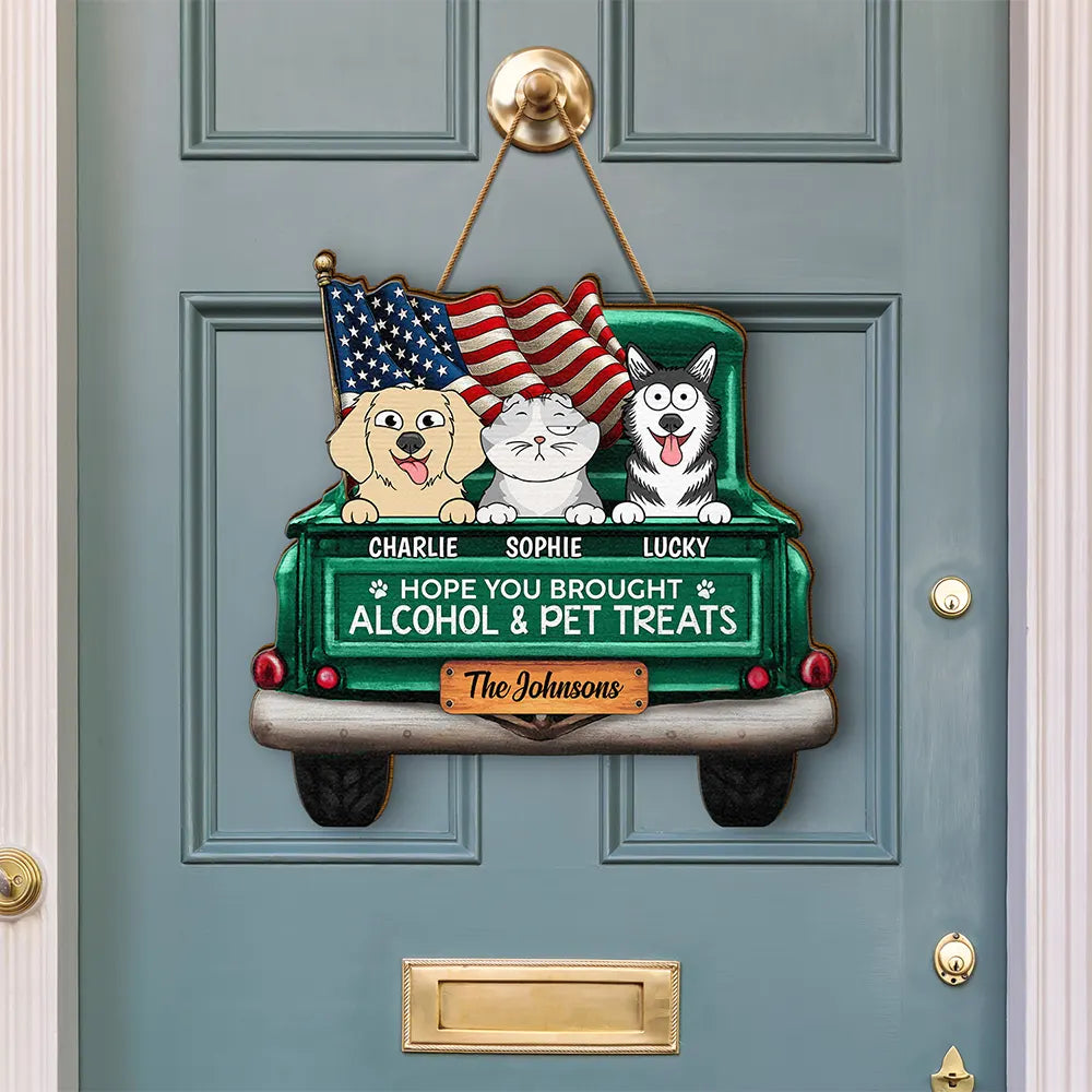 Pet Lovers,Pet Couple,Happy - Hope You Brought Alcohol & Dog Treats Truck - Personalized Custom Shaped Wood Sign