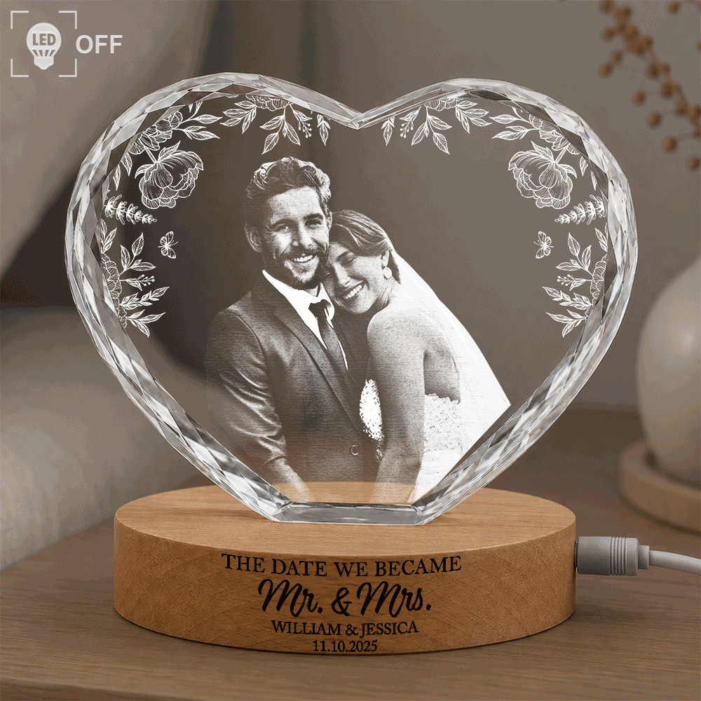 Gift For Couples,Old Couples,Gift For Husband,Gift For Wife,LGBT,Love,Married ,Engaged,Wedding,Wedding Anniversary - Custom Photo The Date We Became Mr & Mrs Wedding Couple - Personalized Crystal Heart Shaped Lamp