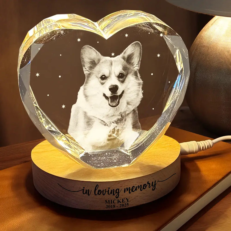 Pet Lovers,Cat Lovers,Dog Lovers,Sad,Memorial,Family - Custom Photo Forever Loved Memorial Dog Cat - Personalized Crystal Heart Shaped Lamp