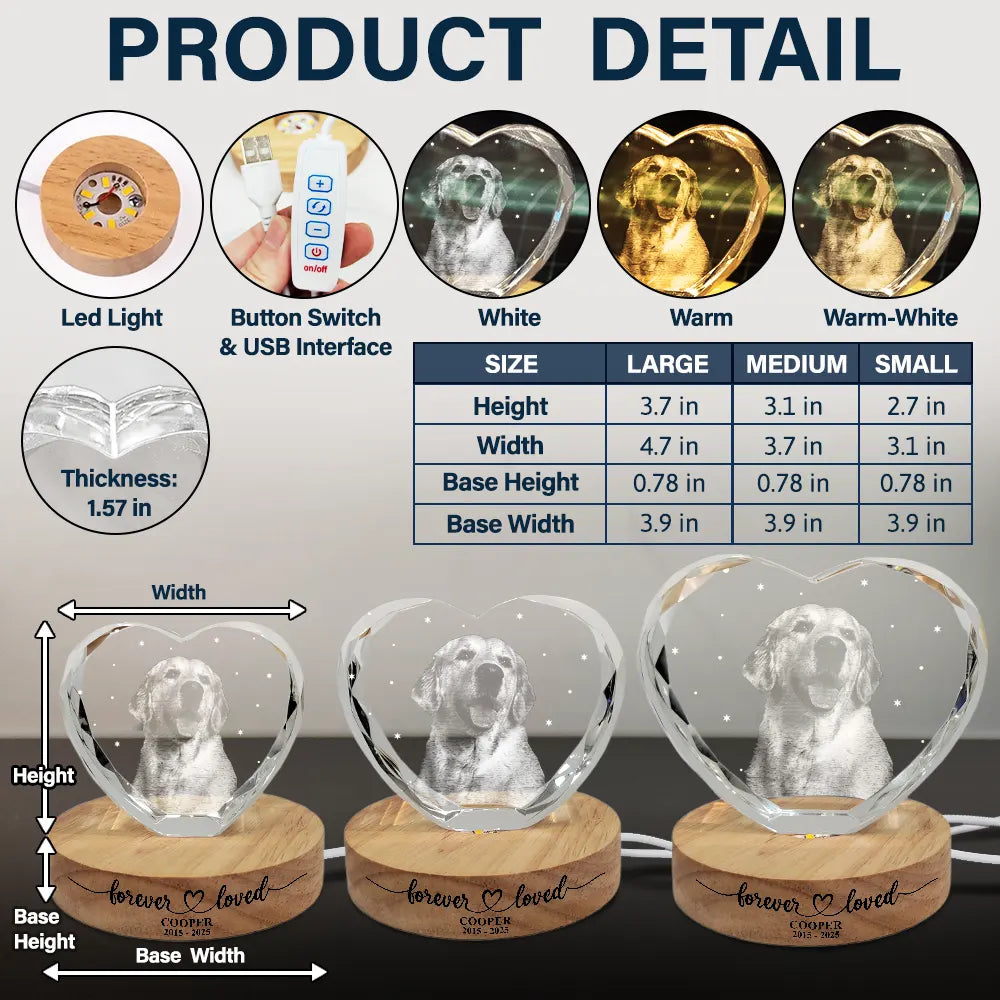 Pet Lovers,Cat Lovers,Dog Lovers,Sad,Memorial,Family - Custom Photo Forever Loved Memorial Dog Cat - Personalized Crystal Heart Shaped Lamp