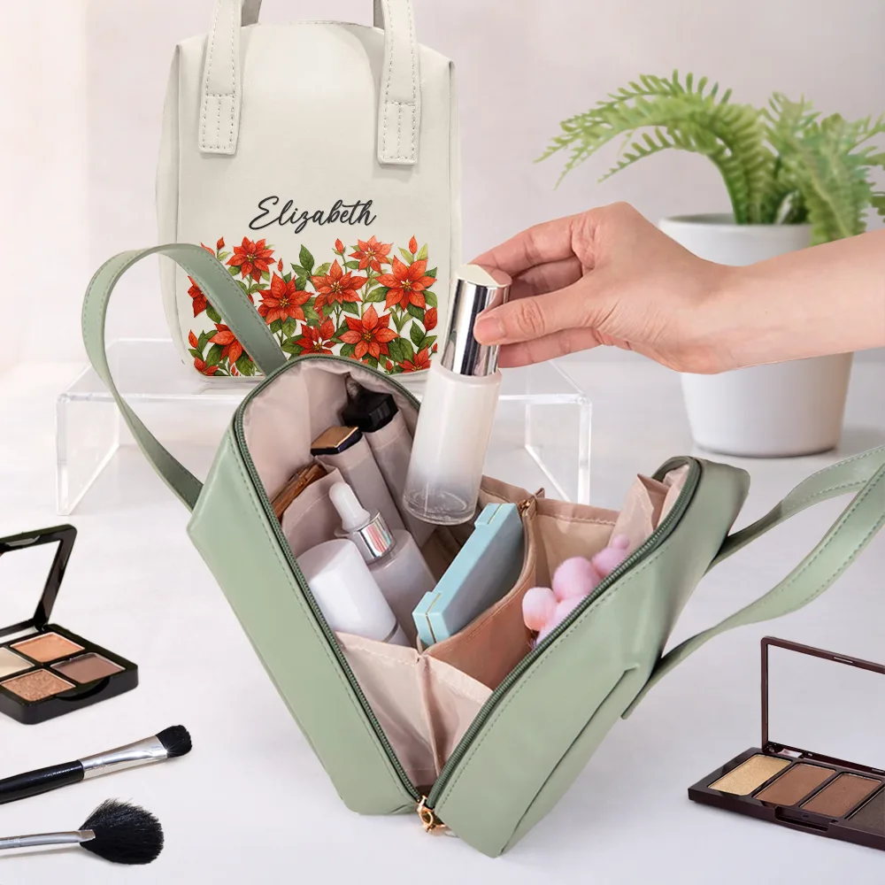 Gift For Yourself,Gift For Women,Happy - Flower Field Birth Month Flower & Name - Personalized Leather Makeup Bag With Handle