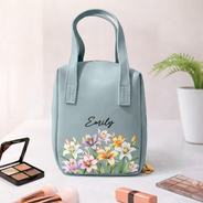 Gift For Yourself,Gift For Women,Happy - Flower Field Birth Month Flower & Name - Personalized Leather Makeup Bag With Handle
