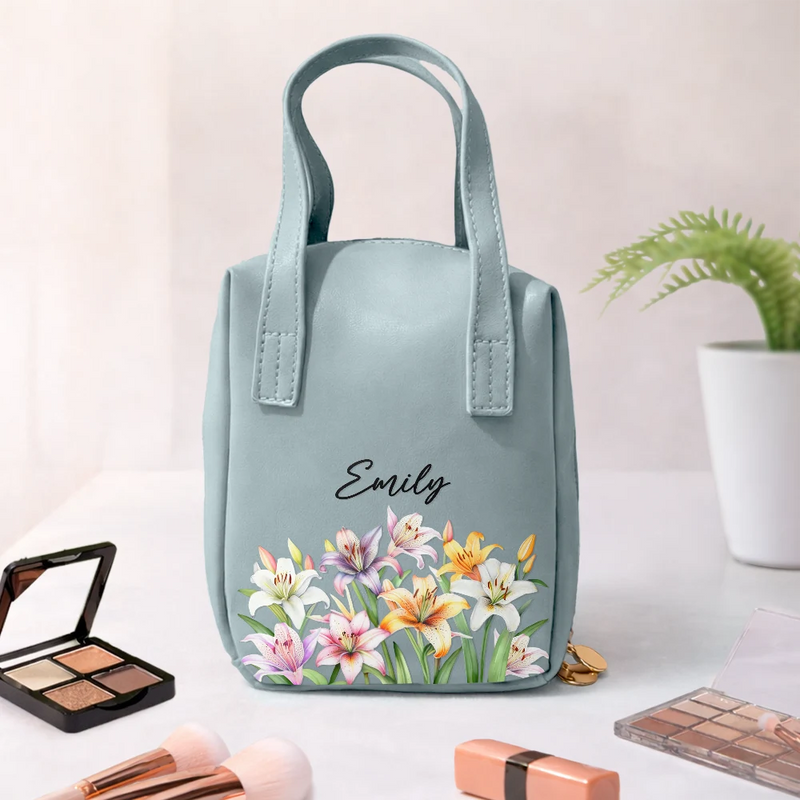 Gift For Yourself,Gift For Women,Happy - Flower Field Birth Month Flower & Name - Personalized Leather Makeup Bag With Handle