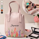 Gift For Yourself,Gift For Women,Happy - Flower Field Birth Month Flower & Name - Personalized Leather Makeup Bag With Handle