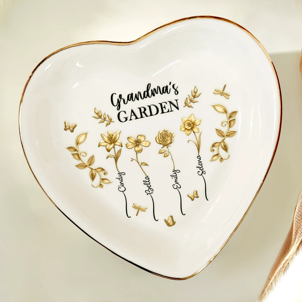 3D Metal Effect Birth Month Flowers Grandmas Moms Garden - Personalized Heart Ring Dish