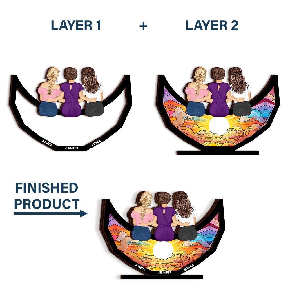 Grandma Mom And Children Sitting On The Moon - Personalized Custom Shaped 2-Layered Wooden Plaque