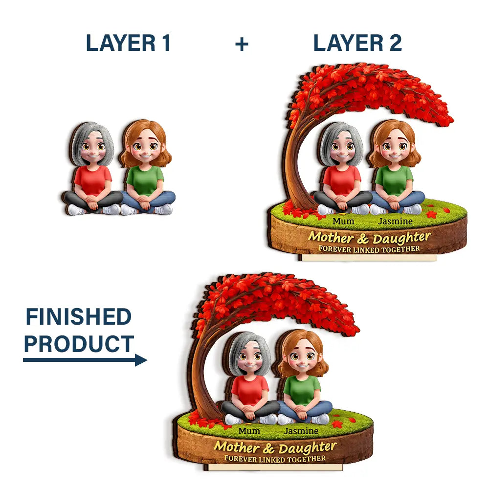Mother Daughter Under The Tree Forever Linked Together - Personalized Custom Shaped 2-Layered Wooden Plaque