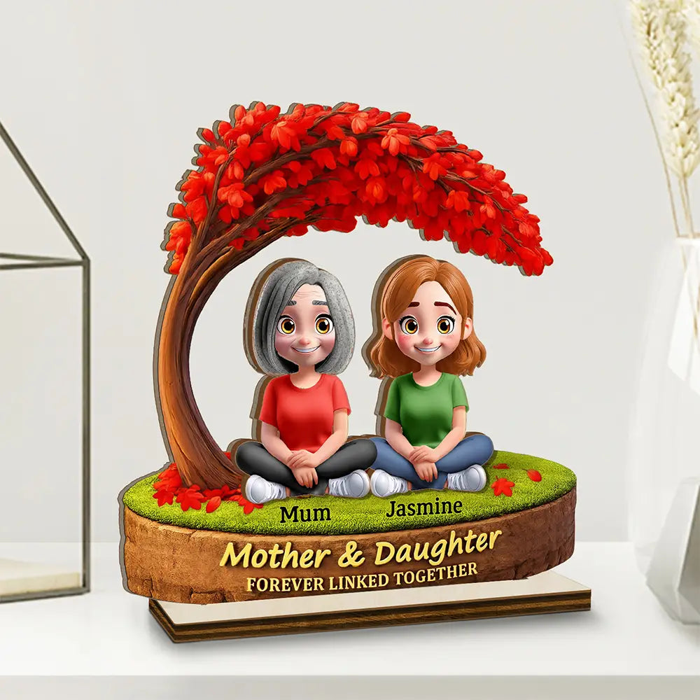 Gift For Mother,Mom - Daughters (Adult),Happy - Mother Daughter Under The Tree Forever Linked Together - Personalized Custom Shaped 2-Layered Wooden Plaque