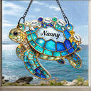 Gift For Grandma, Grandma - Grandkids, Beach, Happy - Turtle Stained Glass Nanny Mum - Personalised Window Hanging Suncatcher Ornament