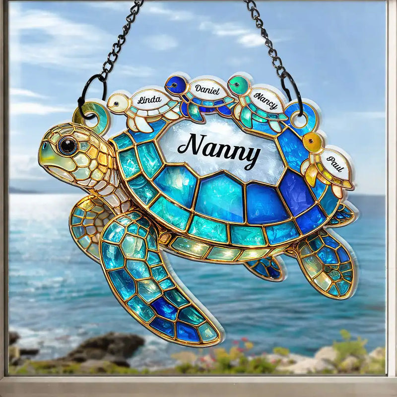 Gift For Grandma, Grandma - Grandkids, Beach, Happy - Turtle Stained Glass Nanny Mum - Personalised Window Hanging Suncatcher Ornament