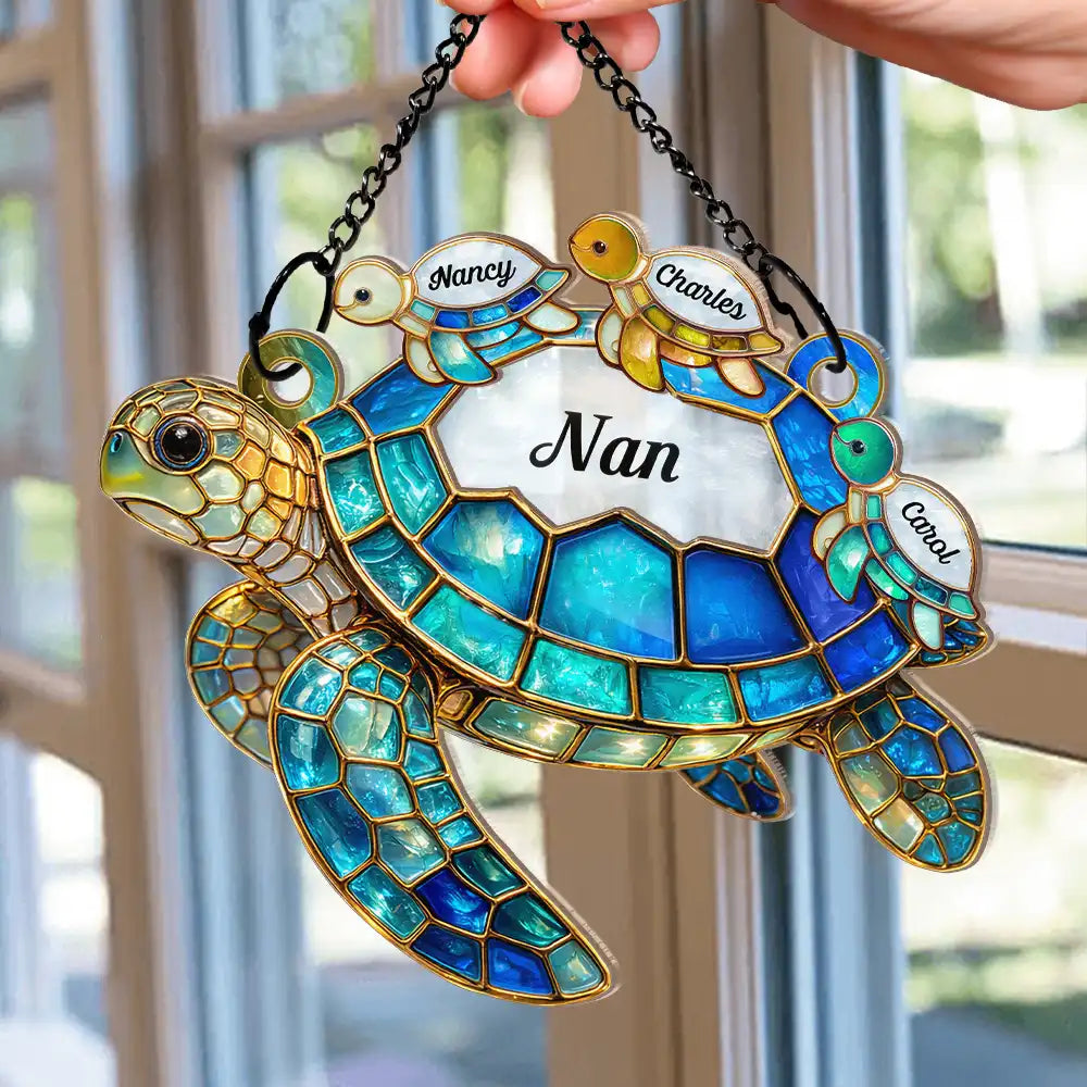 Gift For Grandma, Grandma - Grandkids, Beach, Happy - Turtle Stained Glass Nanny Mum - Personalised Window Hanging Suncatcher Ornament