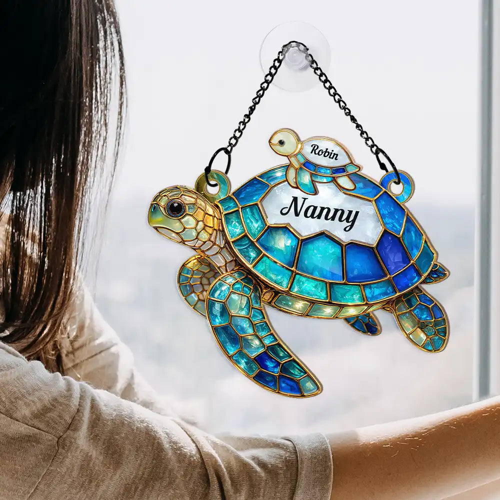 Gift For Grandma, Grandma - Grandkids, Beach, Happy - Turtle Stained Glass Nanny Mum - Personalised Window Hanging Suncatcher Ornament