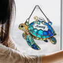 Gift For Grandma, Grandma - Grandkids, Beach, Happy - Turtle Stained Glass Nanny Mum - Personalised Window Hanging Suncatcher Ornament