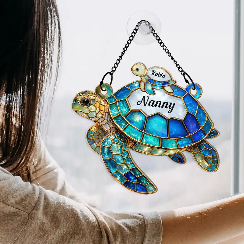 Gift For Grandma, Grandma - Grandkids, Beach, Happy - Turtle Stained Glass Nanny Mum - Personalised Window Hanging Suncatcher Ornament