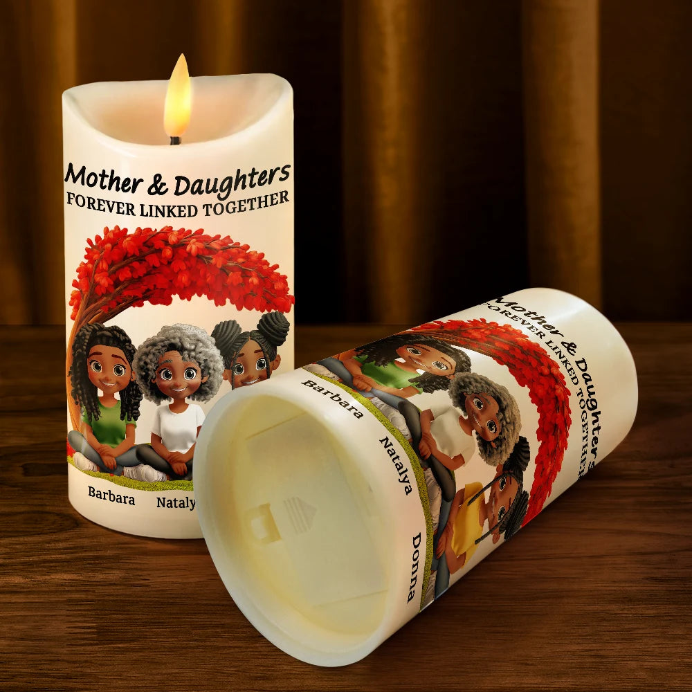 Gift For Mother,Mom - Daughters (Adult),Happy - Mother Daughter Under The Tree Forever Linked Together - Personalized Flameless LED Candle