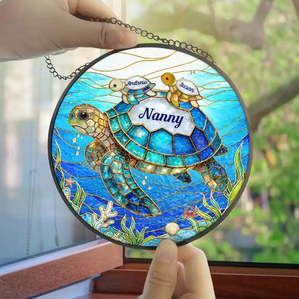 Gift For Grandma,Grandma - Grandkids,Gift For Mother,Beach,Happy,Non-Eng,Icon - In The World Full Of Grandmas Be A Nana Turtle - Personalised Stained Glass Window Hanging Suncatcher