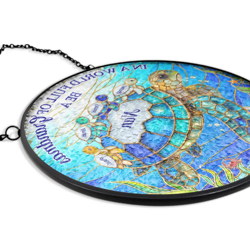 Gift For Grandma,Grandma - Grandkids,Gift For Mother,Beach,Happy,Non-Eng,Icon - In The World Full Of Grandmas Be A Nana Turtle - Personalised Stained Glass Window Hanging Suncatcher