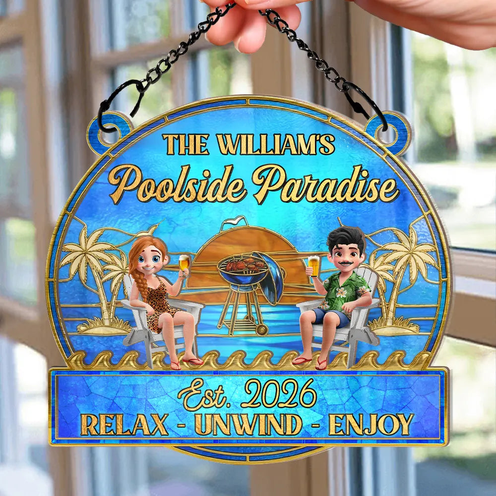 Vector,Patio,Poolside,Gift For Couples,Gift For Husband,Gift For Wife,Gift For Boyfriend,Gift For Girlfriend,Funny - Couple Poolside Paradise Relax Enjoy Stained Glass Effect - Personalized Window Hanging Suncatcher Ornament