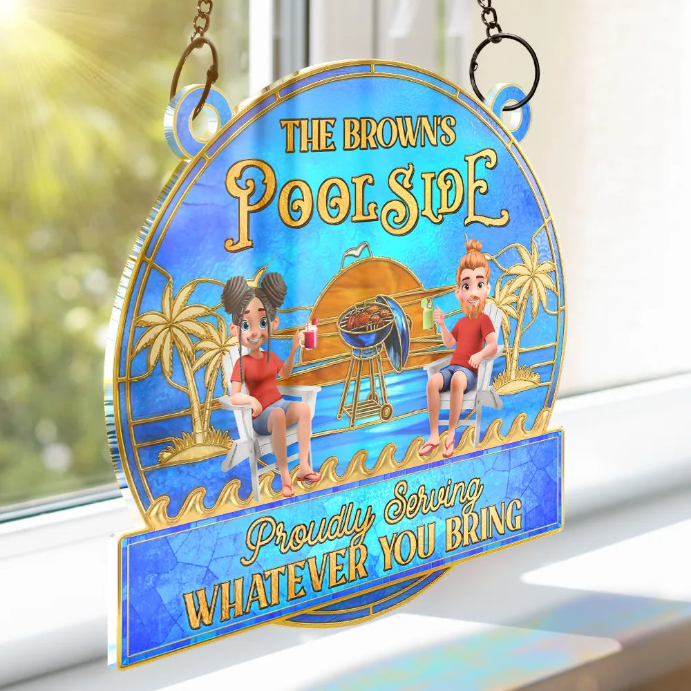 Vector,Patio,Poolside,Gift For Couples,Gift For Husband,Gift For Wife,Gift For Boyfriend,Gift For Girlfriend,Funny - Couple Poolside Paradise Relax Enjoy Stained Glass Effect - Personalized Window Hanging Suncatcher Ornament